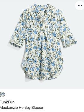 Fun 2 fun White Floral Henley Blouse with Blue Flowers